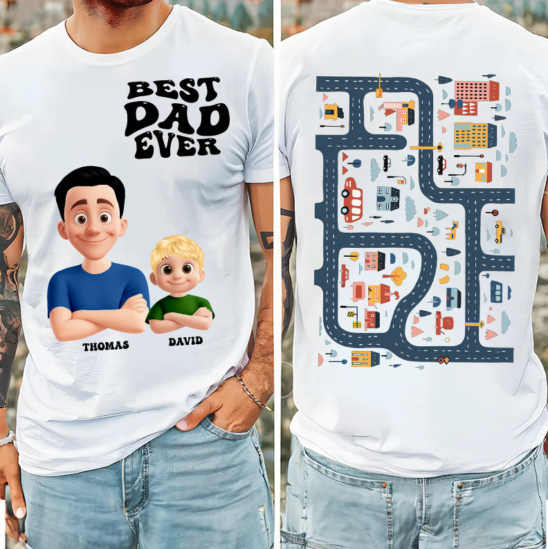 Funny Tired Dad - Baby Plays Cars On Dad's Back Mat Road - Personalized Shirt For Dad Grandpa NA04 Pt99