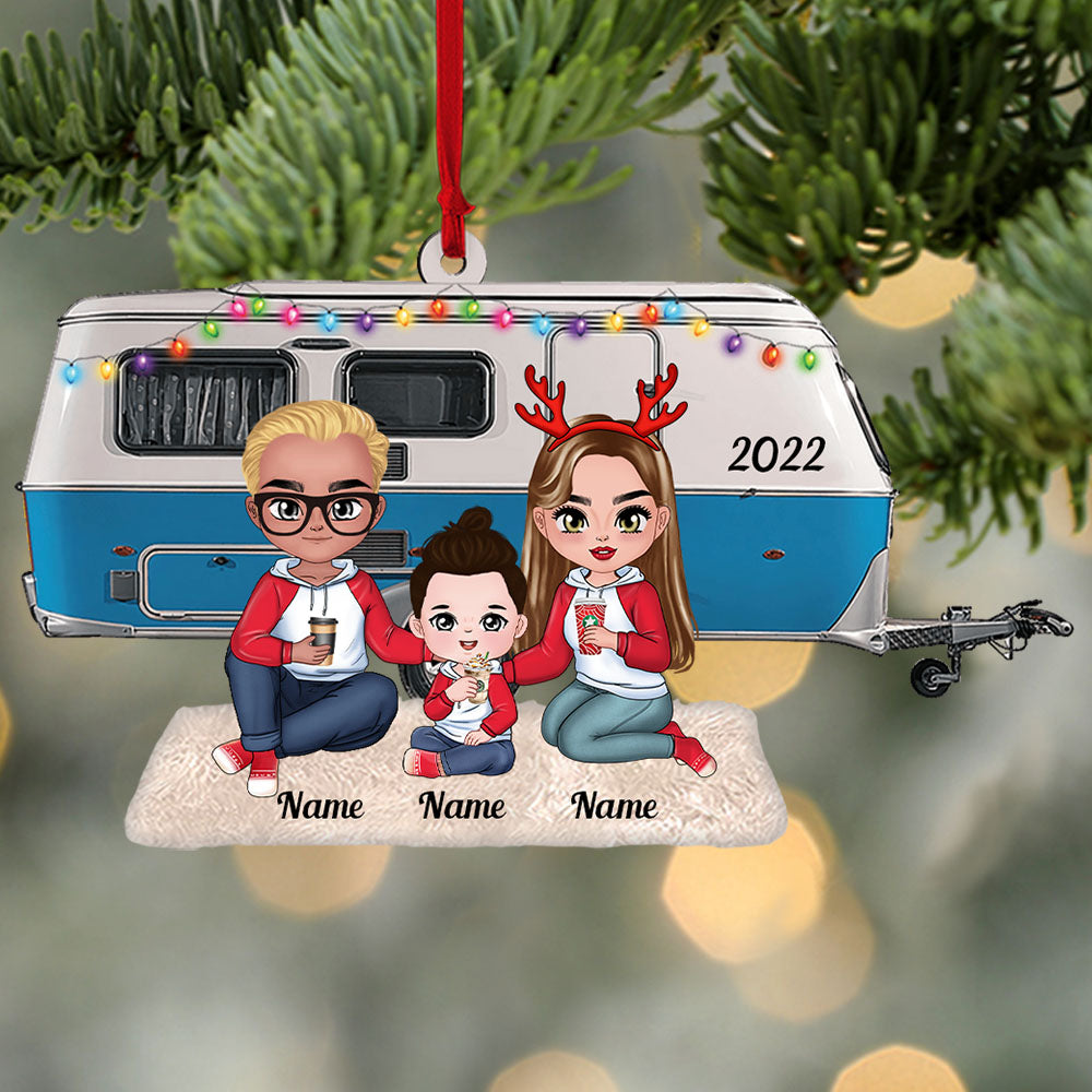 Personalized Young Family Camping With Caravan Camper Christmas Acrylic Ornament