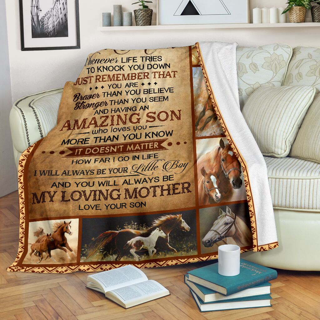 Personalized To My Mom Horse Blanket From Son To My Mom Whenever Life Tries To Knock You Down Blanket