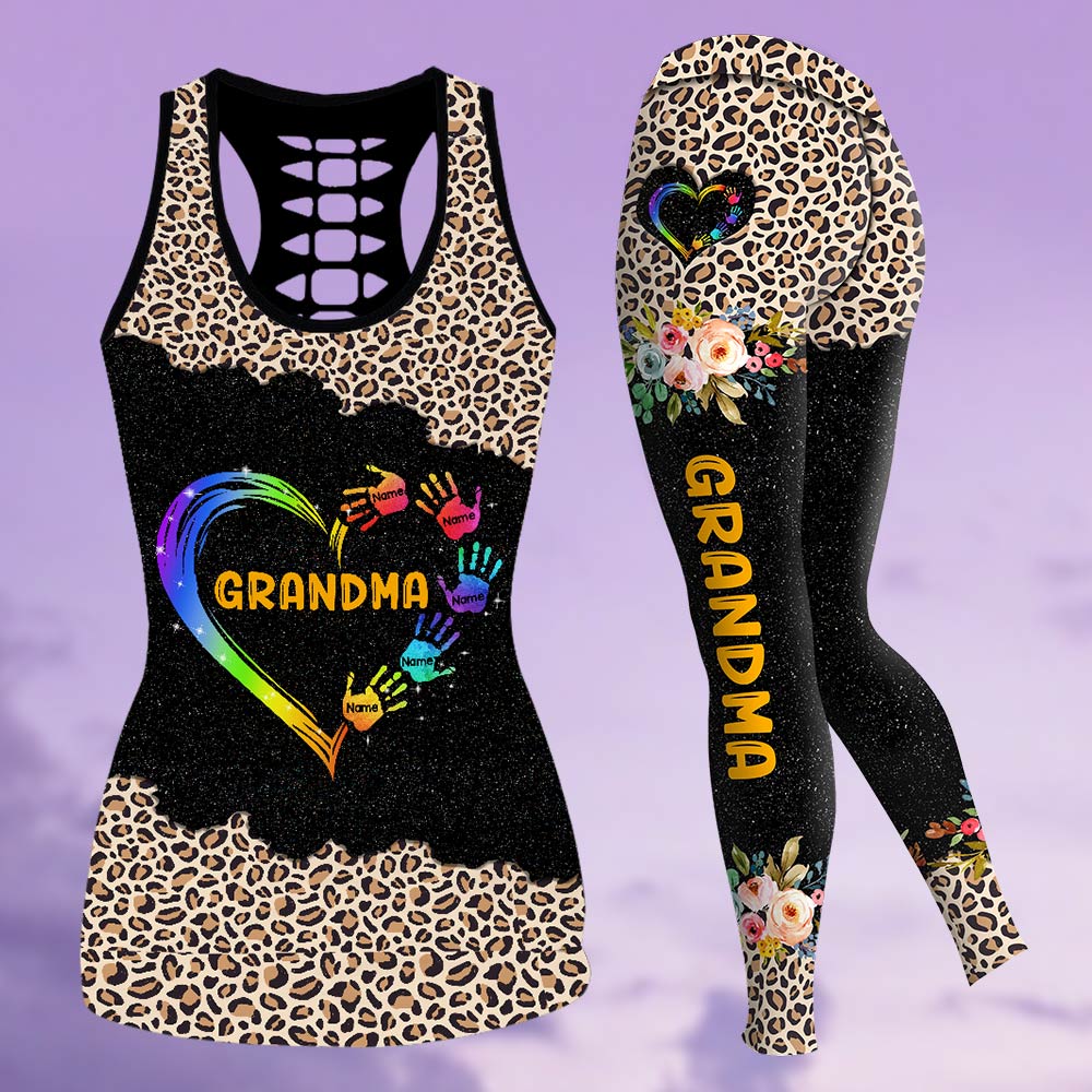 Grandma Mom Heart Hand Leopard Pattern Personalized All Over Print, 3D Hoodie, Tank Top and Legging Set For Grandma
