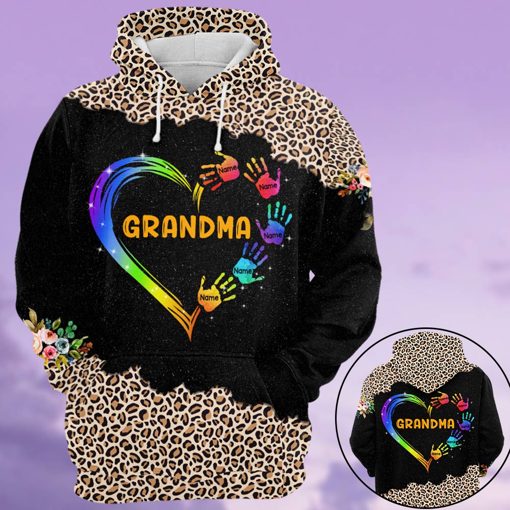 Grandma Mom Heart Hand Leopard Pattern Personalized All Over Print, 3D Hoodie, Tank Top and Legging Set For Grandma