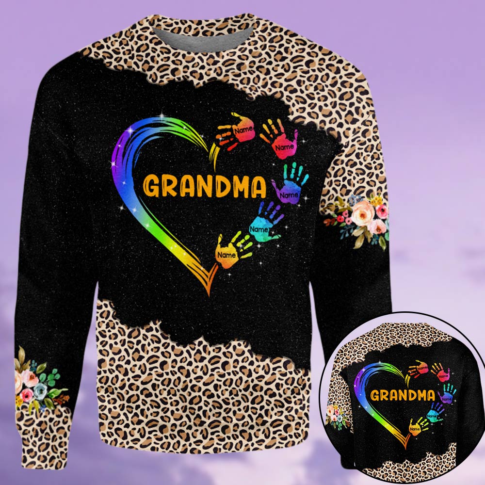 Grandma Mom Heart Hand Leopard Pattern Personalized All Over Print, 3D Hoodie, Tank Top and Legging Set For Grandma