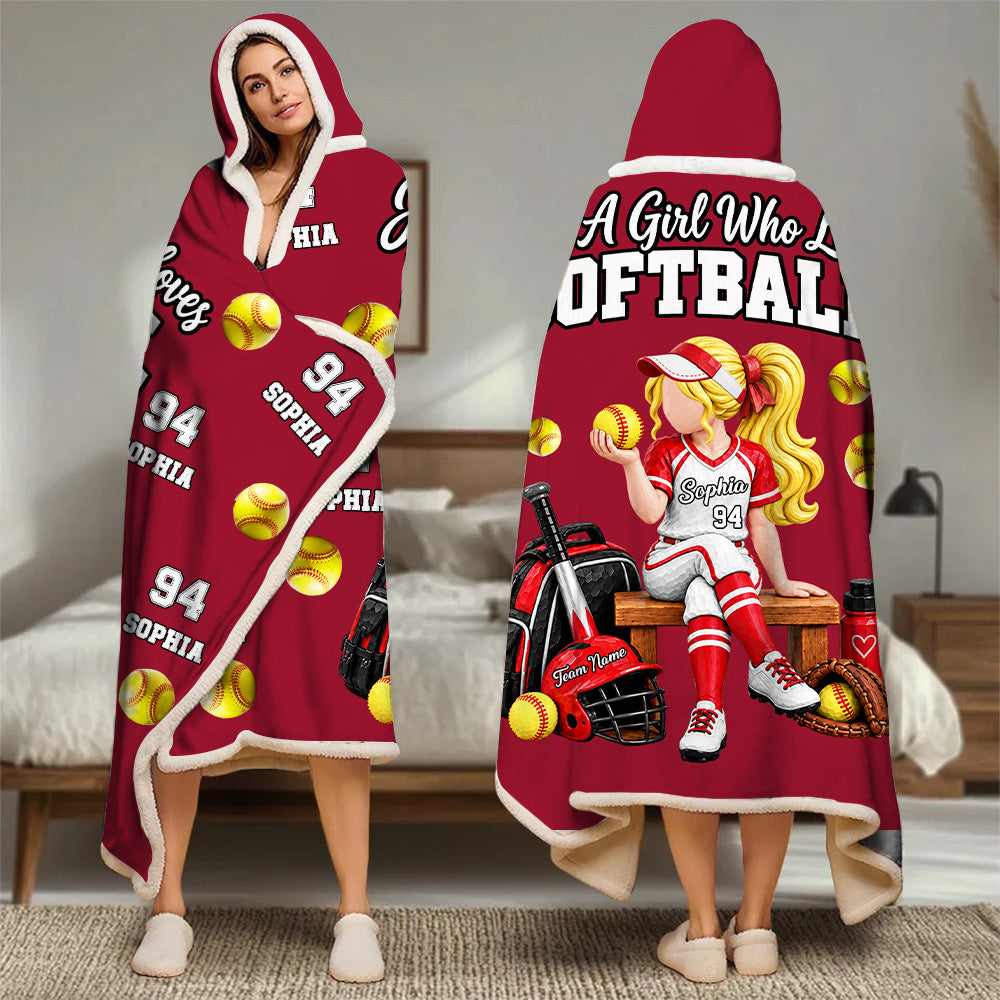 Just A Girl Who Loves Softball, Personalized Softball Wearable Blanket Hoodie For Softball Lovers, Softball Players Ver2 MI209 T24 VN09