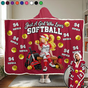 Just A Girl Who Loves Softball, Personalized Softball Wearable Blanket Hoodie For Softball Lovers, Softball Players Ver2 MI209 T24 VN09