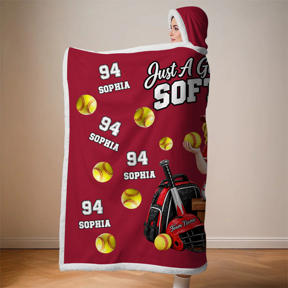 Just A Girl Who Loves Softball, Personalized Softball Wearable Blanket Hoodie For Softball Lovers, Softball Players Ver2 MI209 T24 VN09