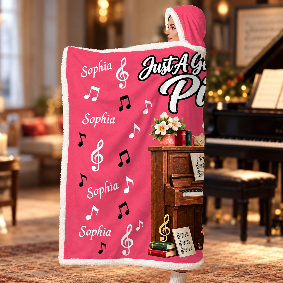 Just A Girl Who Loves Piano, Personalized Piano Wearable Blanket Hoodie For Piano Lovers, Piano Players MI209 VH01 TL06