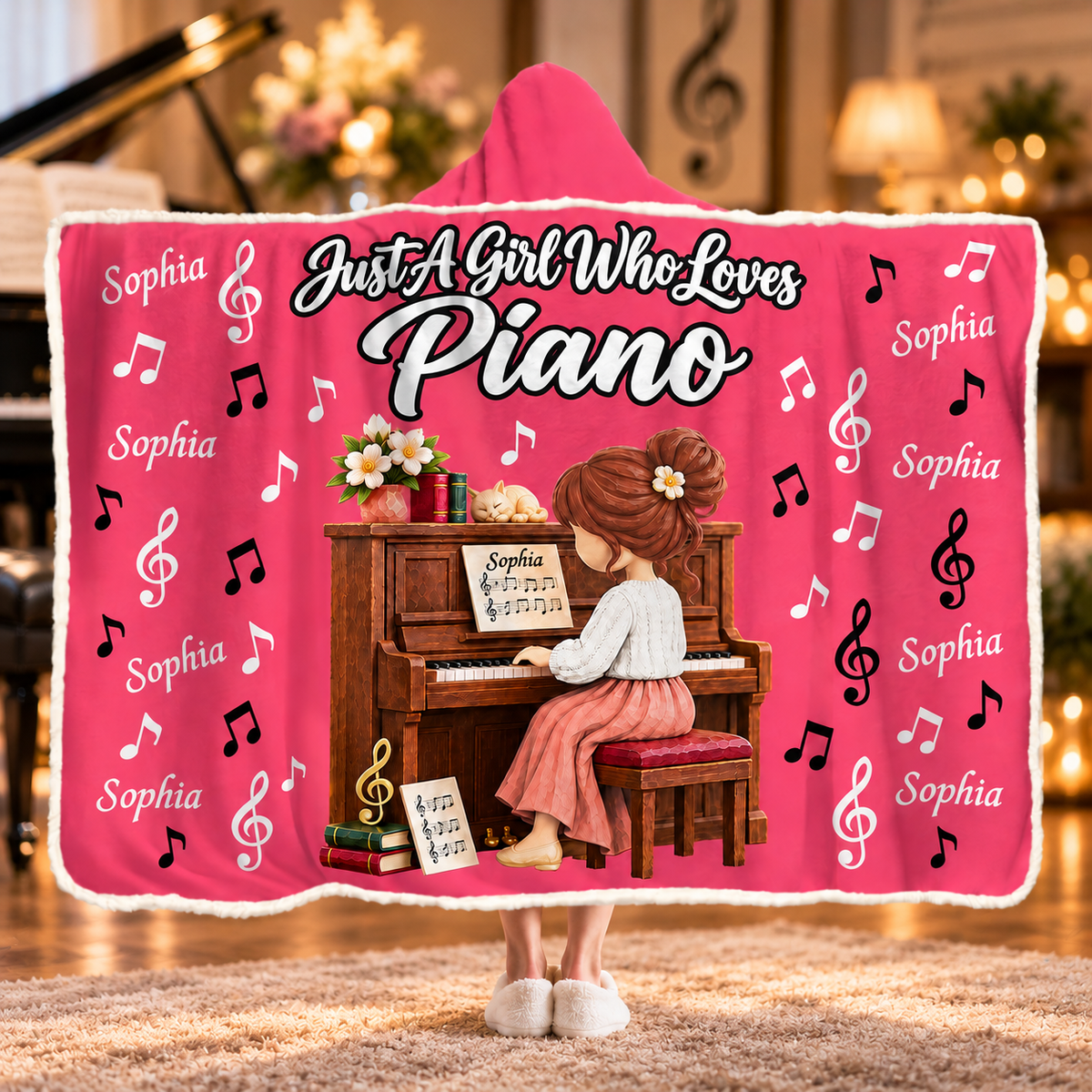 Just A Girl Who Loves Piano, Personalized Piano Wearable Blanket Hoodie For Piano Lovers, Piano Players MI209 VH01 TL06