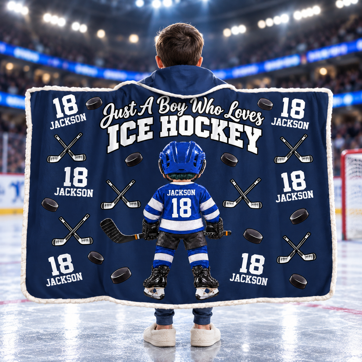 Custom Just A Boy Who Loves Ice Hockey Blanket Hoodie, Christmas Hockey Gift L0411 VH01 DN10