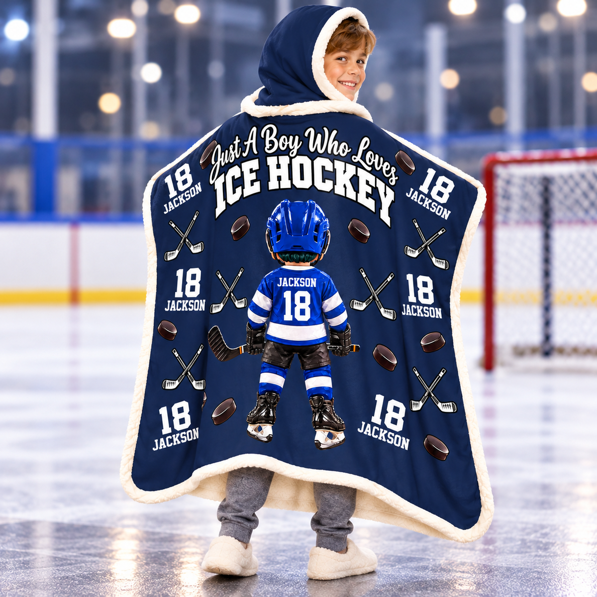 Custom Just A Boy Who Loves Ice Hockey Blanket Hoodie, Christmas Hockey Gift L0411 VH01 DN10