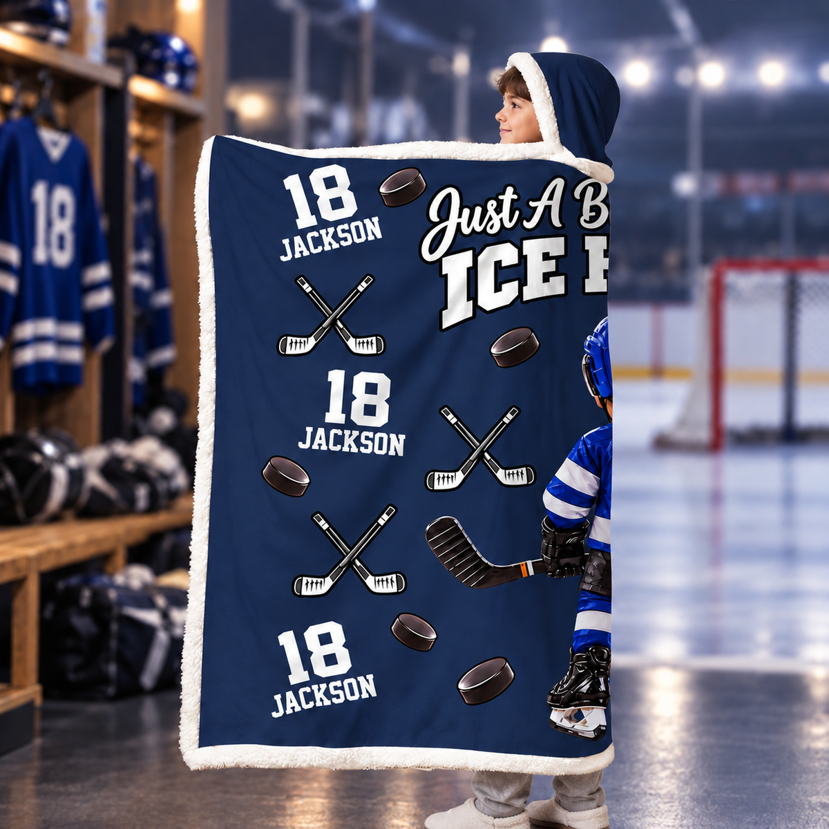 Custom Just A Boy Who Loves Ice Hockey Blanket Hoodie, Christmas Hockey Gift L0411 VH01 DN10