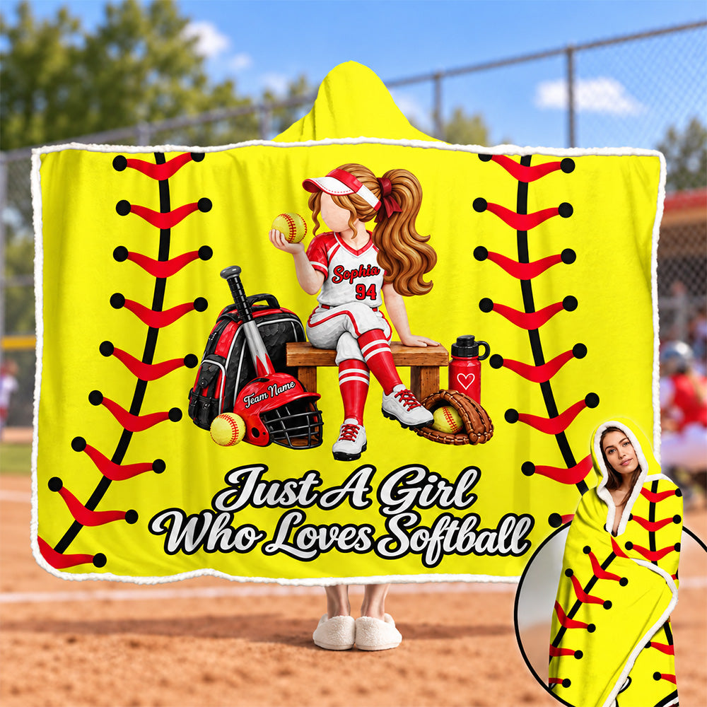 Just A Girl Who Loves Softball - Personalized Wearable Blanket Hoodie with Custom Name & Number, Gift For  Softball Players A2110 T24 VN09