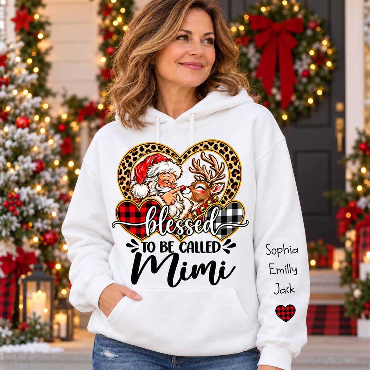 Personalized Blessed To Be Called Mimi Christmas Sweater, Custom Grandchildren Names on Sleeve Pullover, Leopard Buffalo Plaid Heart Grandma Gift C2408 Li29 TL06