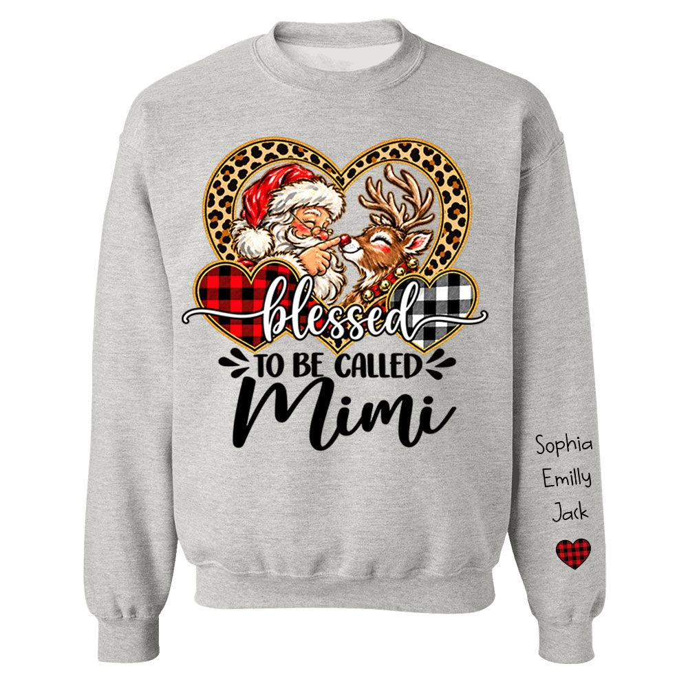 Personalized Blessed To Be Called Mimi Christmas Sweater, Custom Grandchildren Names on Sleeve Pullover, Leopard Buffalo Plaid Heart Grandma Gift C2408 Li29 TL06