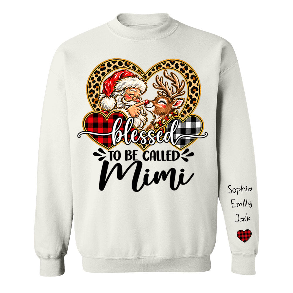 Personalized Blessed To Be Called Mimi Christmas Sweater, Custom Grandchildren Names on Sleeve Pullover, Leopard Buffalo Plaid Heart Grandma Gift C2408 Li29 TL06
