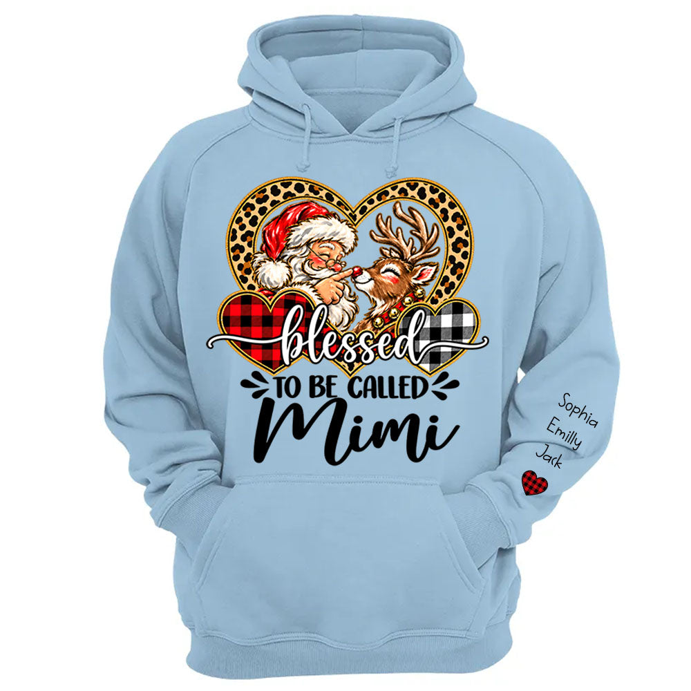 Personalized Blessed To Be Called Mimi Christmas Sweater, Custom Grandchildren Names on Sleeve Pullover, Leopard Buffalo Plaid Heart Grandma Gift C2408 Li29 TL06