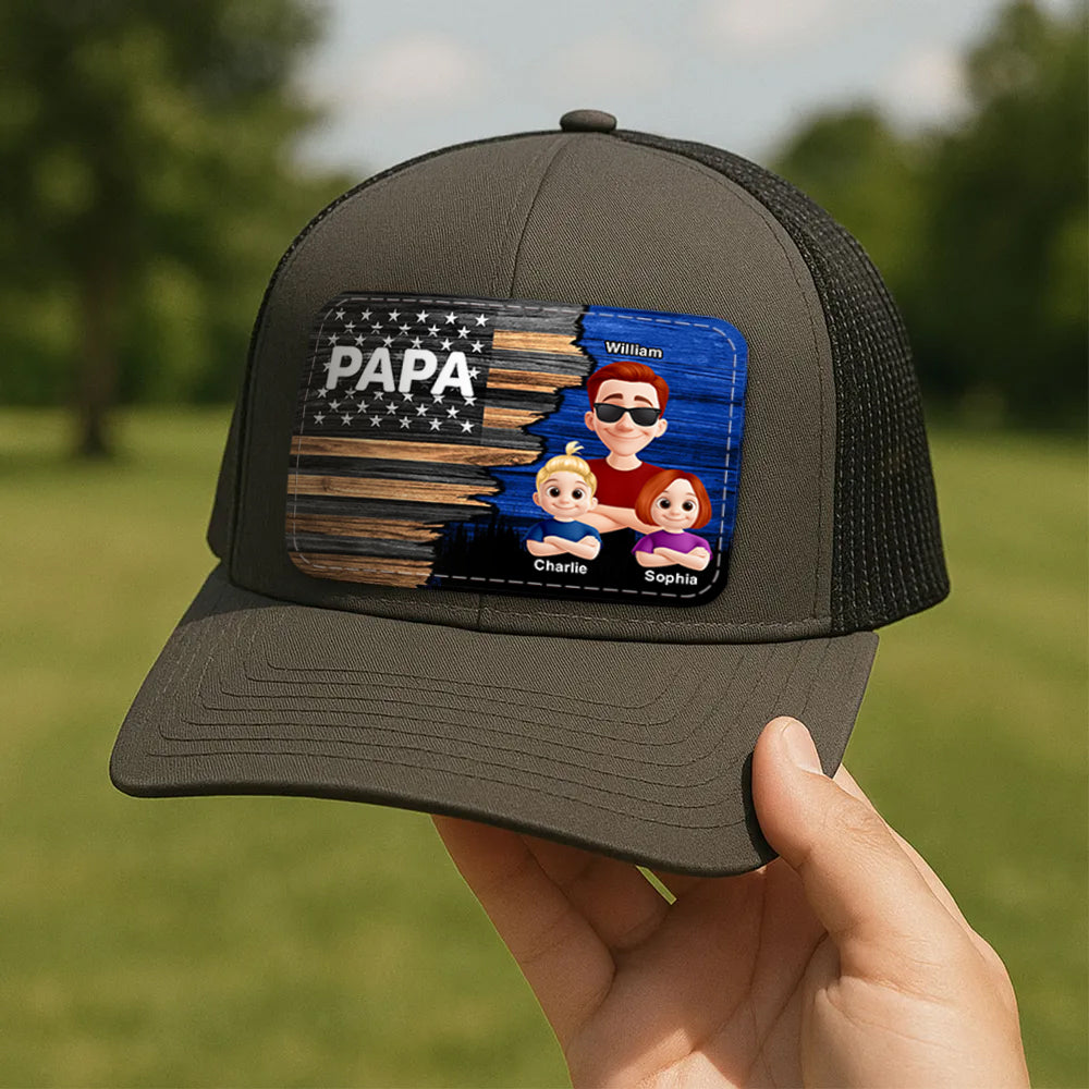Dad Grandpa Papa With Kids Half Nation Flag Personalized Leather Patch Hat, Father's Day Gift For Dad T1807 Hv01