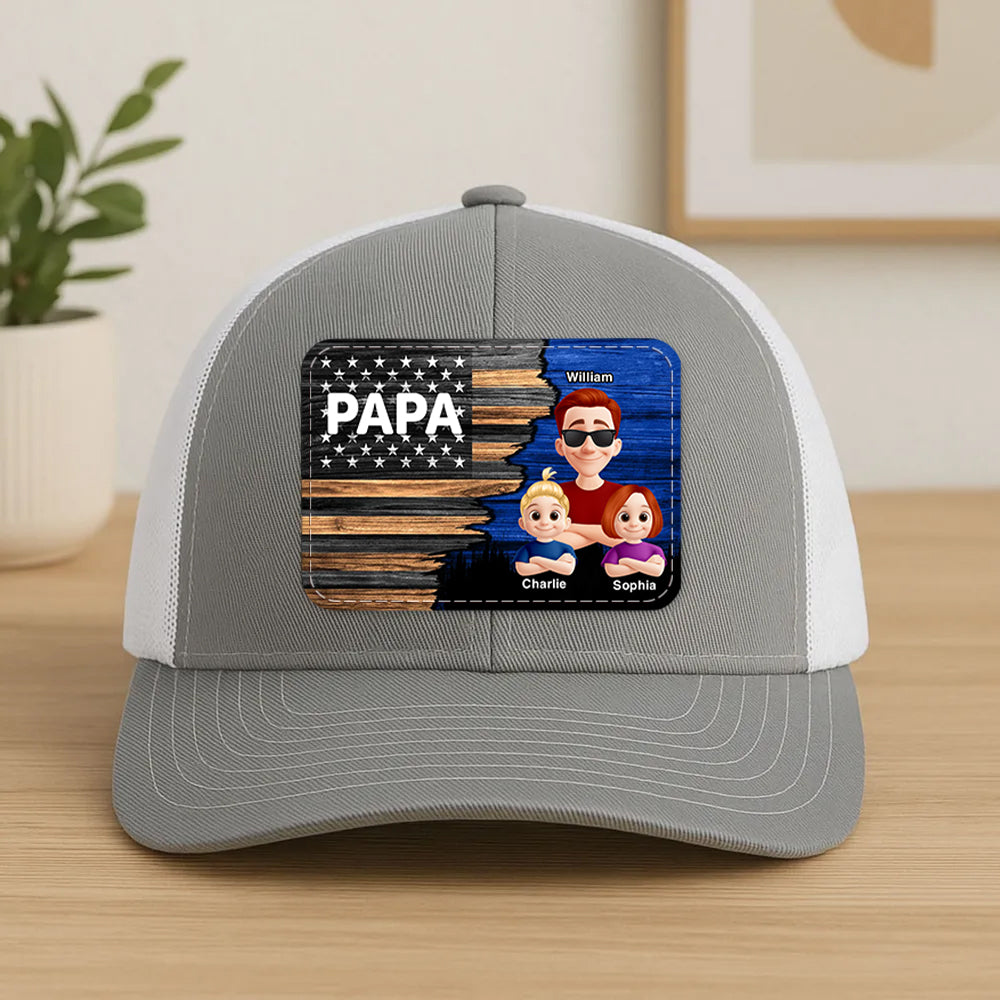 Dad Grandpa Papa With Kids Half Nation Flag Personalized Leather Patch Hat, Father's Day Gift For Dad T1807 Hv01