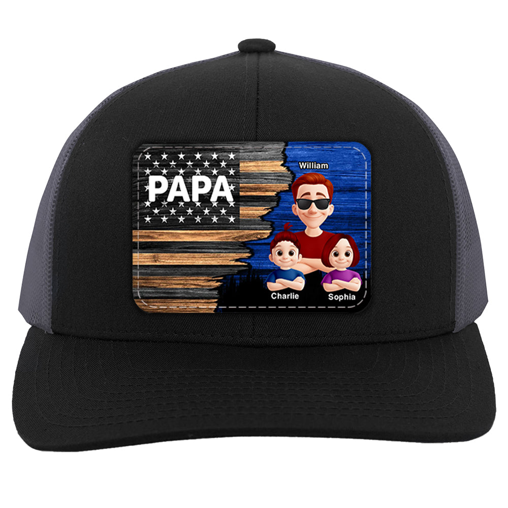 Dad Grandpa Papa With Kids Half Nation Flag Personalized Leather Patch Hat, Father's Day Gift For Dad T1807 Hv01