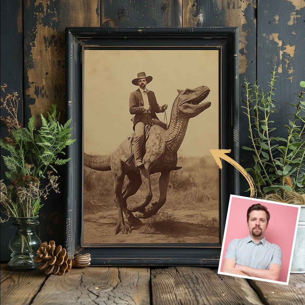 Custom Cowboy Riding Dinosaur Canvas – Vintage 19th Century Poster Canvas Print