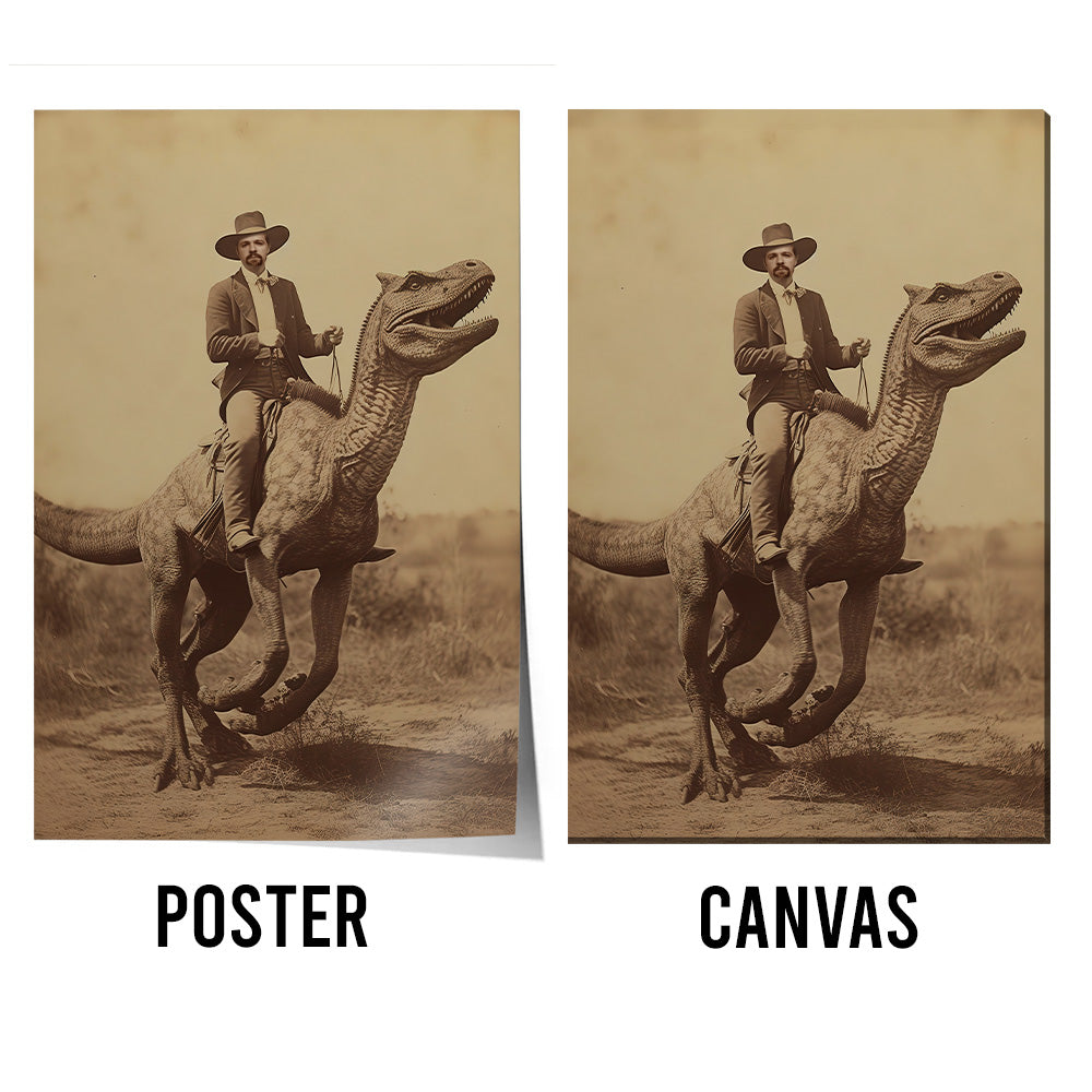 Custom Cowboy Riding Dinosaur Canvas – Vintage 19th Century Poster Canvas Print