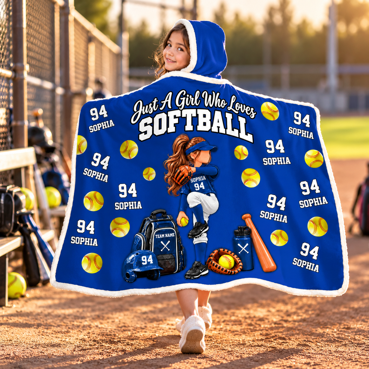 Personalized Just A Girl Who Loves Softball Blanket Hoodie, Custom Name Softball Gift For Boy Girl Na02 VH01 TL06