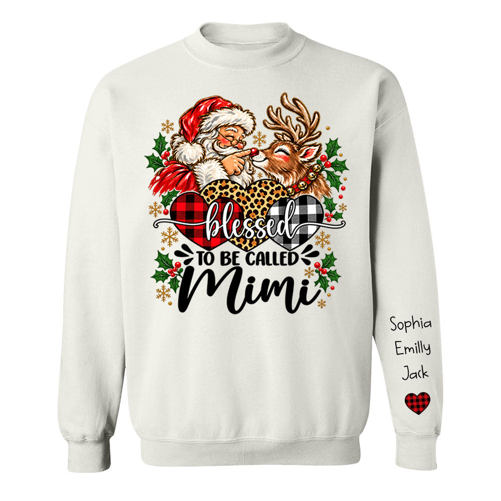 Custom Blessed To Be Called Mimi Christmas Sweatshirt with Grandkids Names on Sleeve, Personalized Mimi Claus Sweater, Cute Santa Reindeer Holiday Crewneck C2408 Li29 TL06