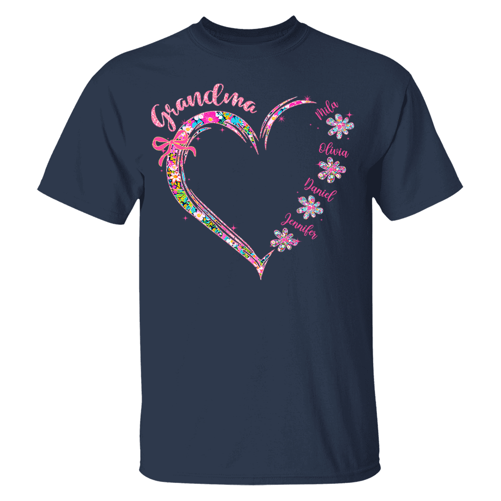 Grandma Heart Glitter Shirt - Custom Flower Shirt For Nana Mimi Gigi - Personalized Kid Names NA04 Pa00