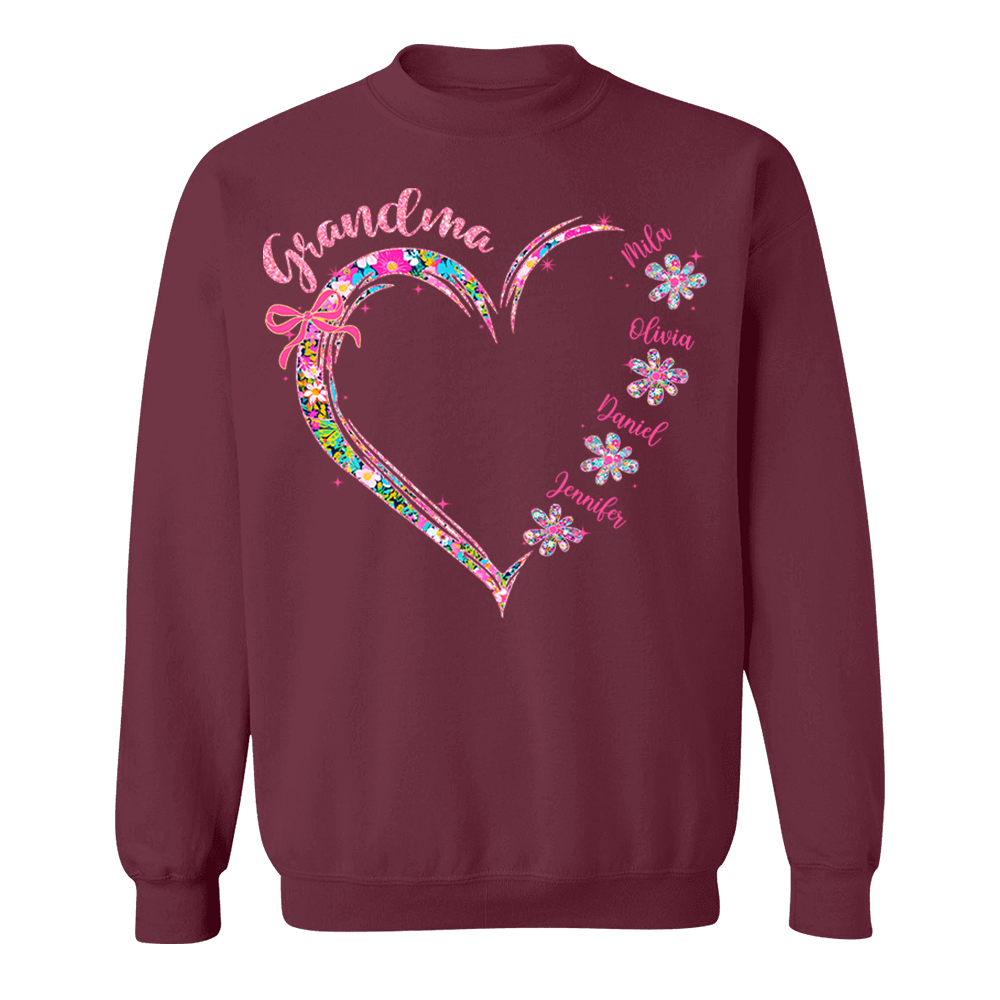 Grandma Heart Glitter Shirt - Custom Flower Shirt For Nana Mimi Gigi - Personalized Kid Names NA04 Pa00