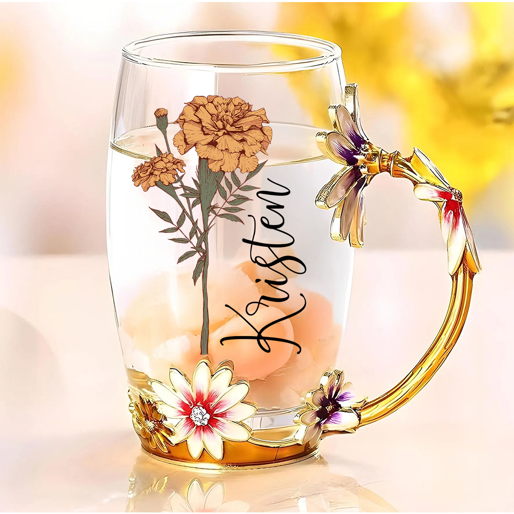 Birth Flower Enamel Flower Tea Cup With Name - Personalized Enamel Flower Tea Cup Tu20