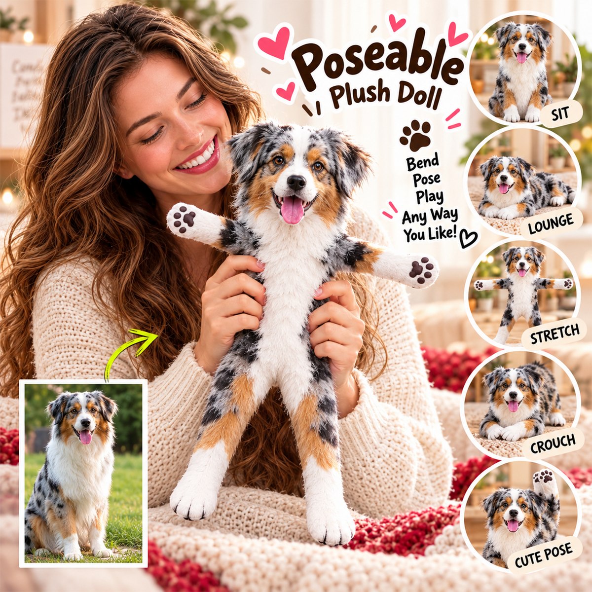 Personalized Australian Shepherd Photo Pet Squishy Toy Poseable Plush Doll, Funny Gift For Dog Mom, Dad, Pet Lover T1807 T24 TL06