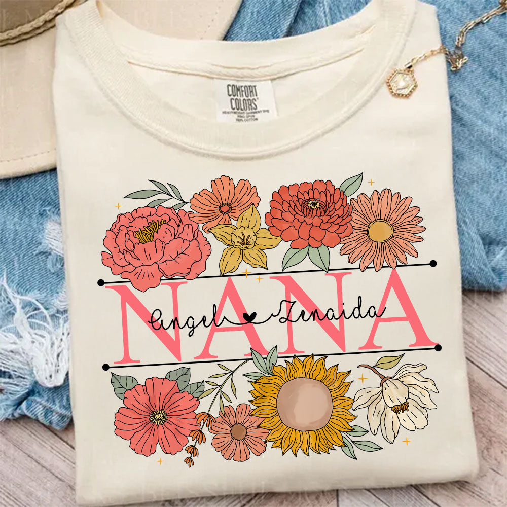 Grandma Retro Floral Shirt - Custom Nickname Grandma Nana Mimi & Kid Names - Mother's Day NA04