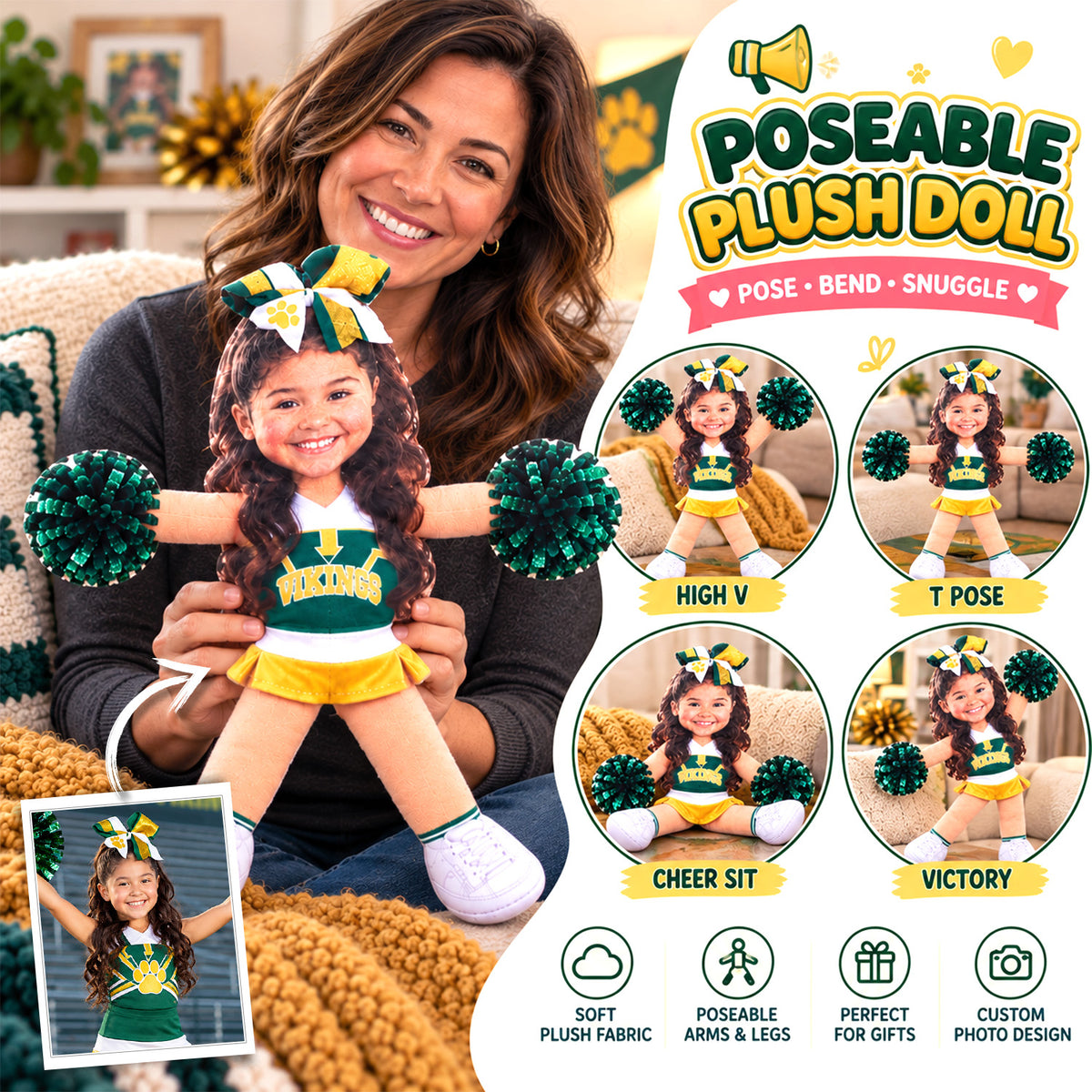 Custom Photo Cheerleading Squishy Toy Plush Doll, Cheerleader Gift, Cheer Competition L0411 Hv01 NT01