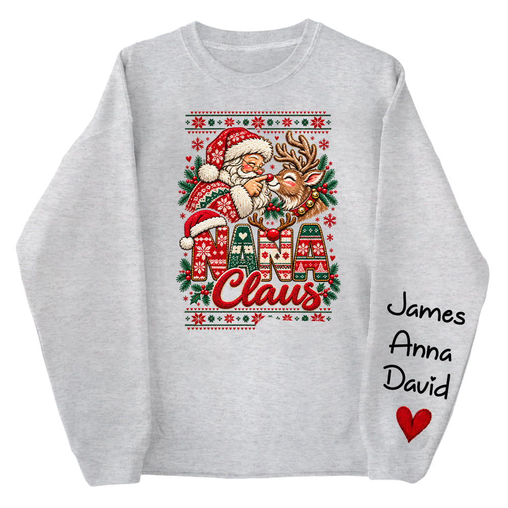 Custom Nana Claus Sweatshirt with Grandkids Names, Personalized Christmas Sweater, Cute Santa and Reindeer Holiday Crewneck C2408 Nh00 KL07