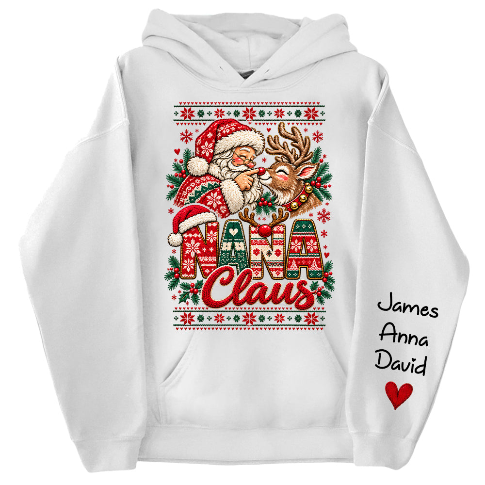 Custom Nana Claus Sweatshirt with Grandkids Names, Personalized Christmas Sweater, Cute Santa and Reindeer Holiday Crewneck C2408 Nh00 KL07