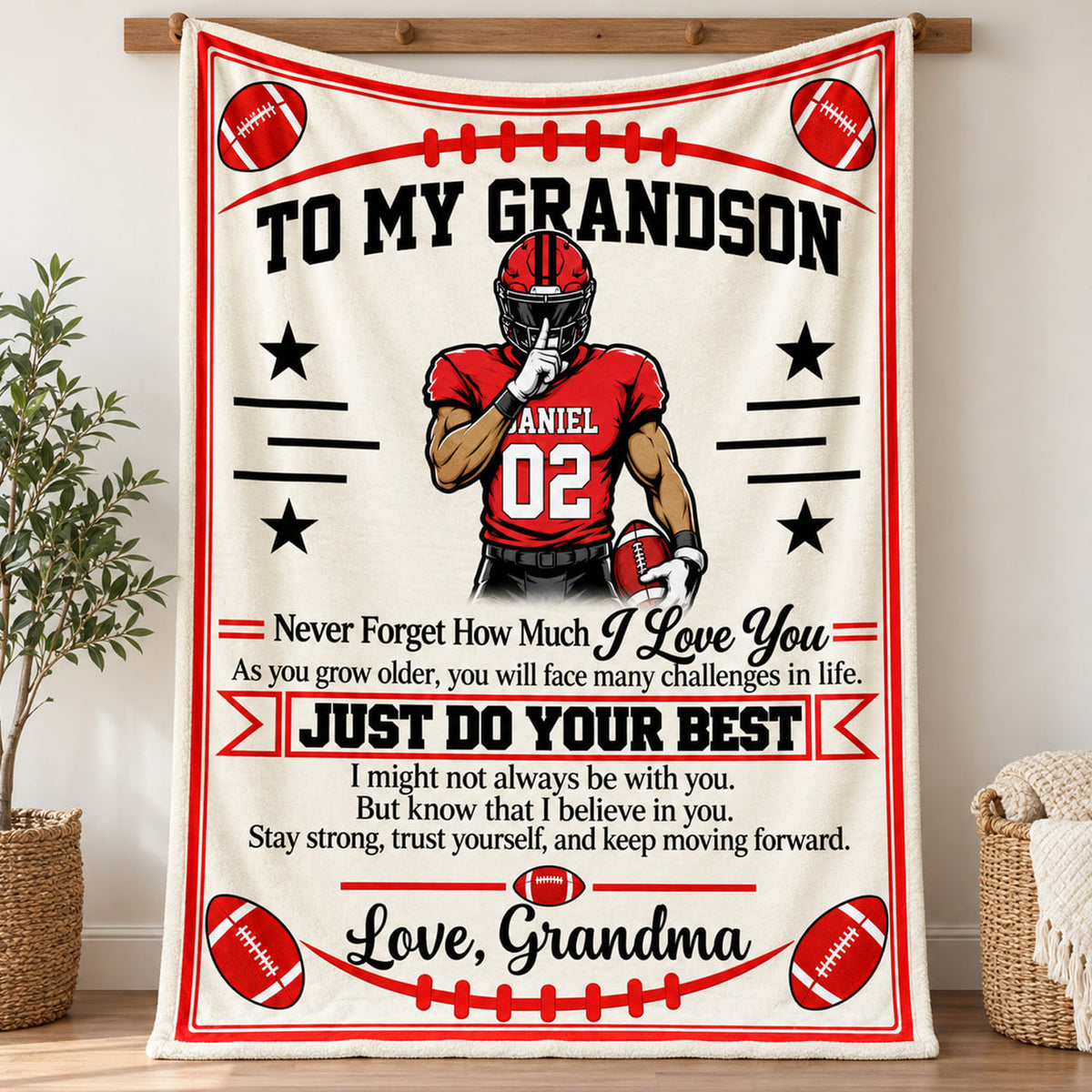 Personalized Football Blanket for Grandson, Custom Name & Number Football Player Throw Blanket,Gift from Grandma Na02 Nh00 KL07