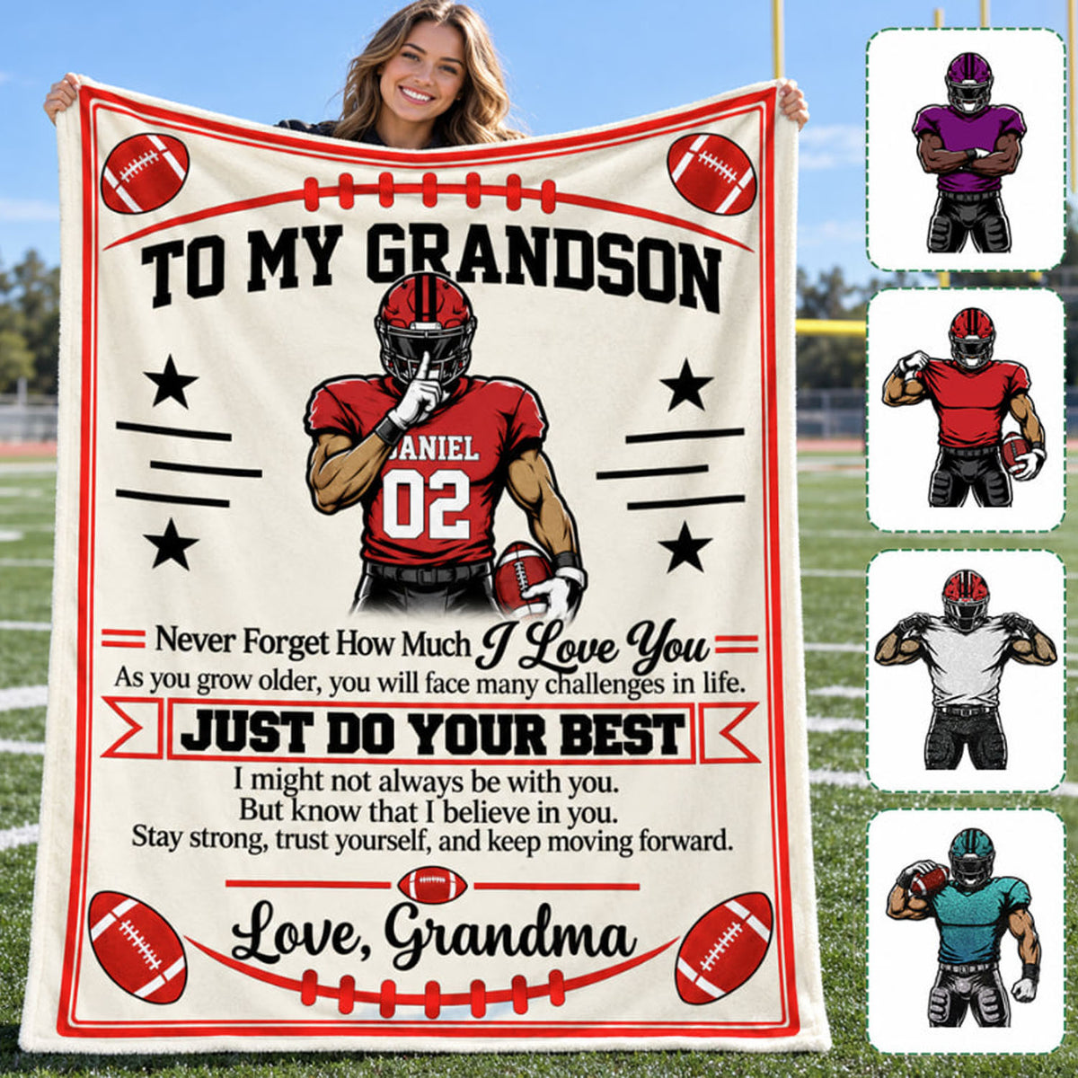 Personalized Football Blanket for Grandson, Custom Name & Number Football Player Throw Blanket,Gift from Grandma Na02 Nh00 KL07