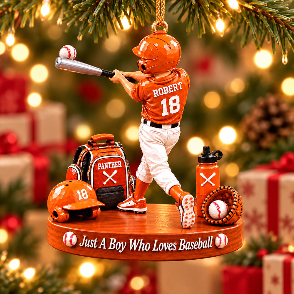 Just A Boy Who Loves Baseball, Personalized Baseball Ornament, Custom Boy Baseball Gift, Custom Player Name Ornament Na02 T24 NT01