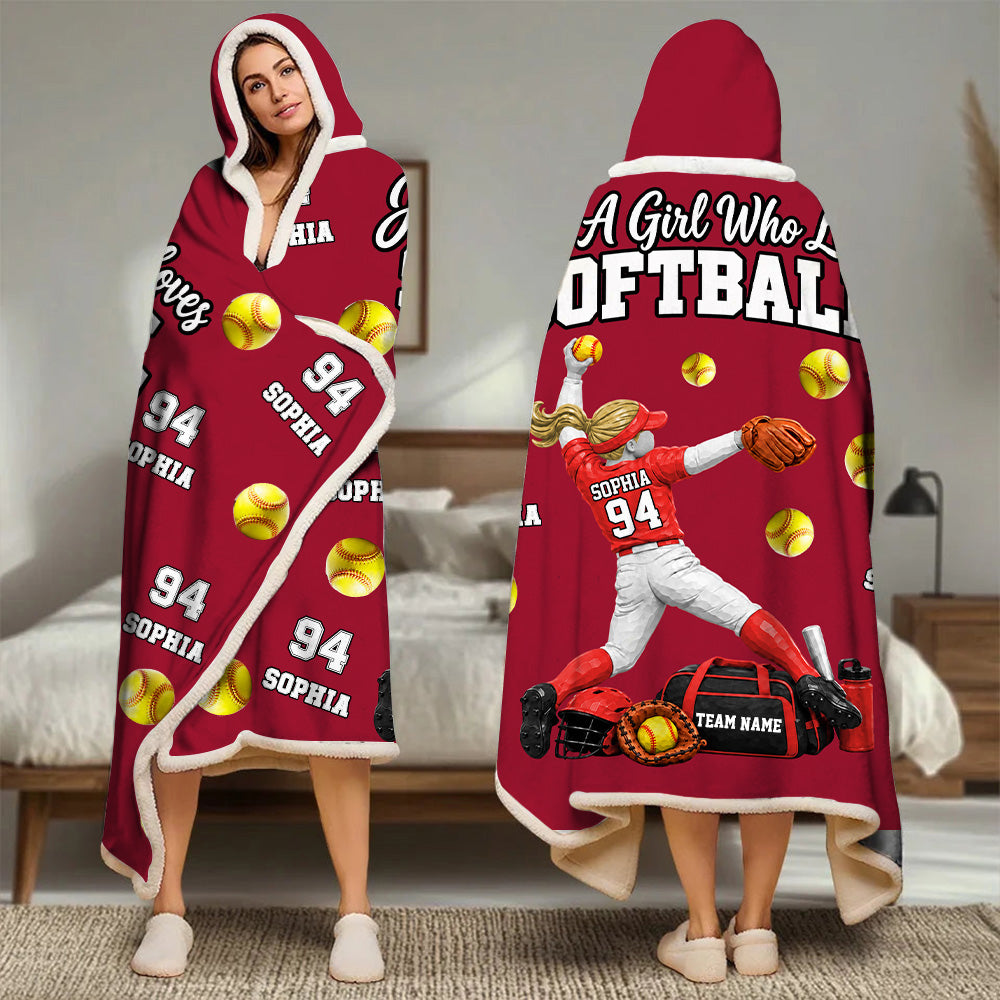 Just A Girl Who Loves Softball, Personalized Softball Wearable Blanket Hoodie For Softball Lovers, Softball Players MI209 T24 NT01