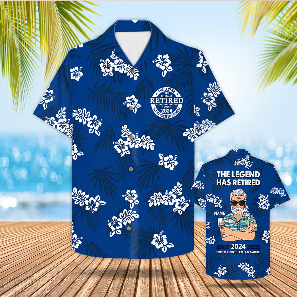 Personalized The Legend Has Retired, Not My Problem Any More, Blue Hibiscus Hawaiian Shirt For Grandpa