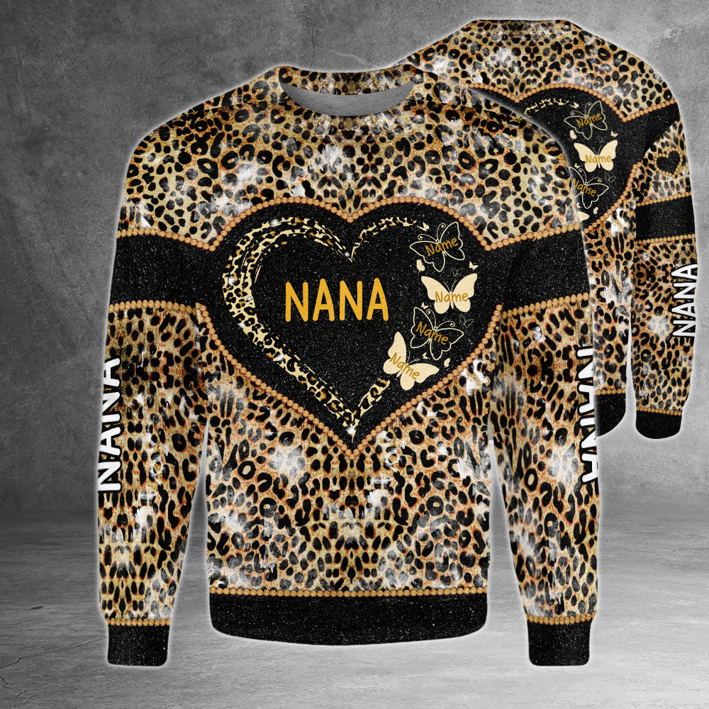 Nana Heart Butterflies Leopard Pattern Personalized All Over Print Shirt, 3D Shirt For Grandma