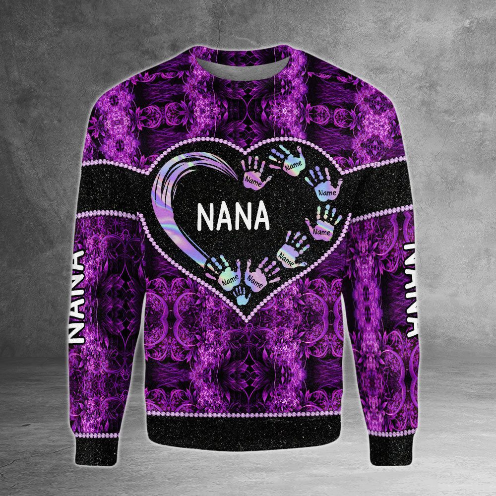 Nana Heart Handprints Hologram Personalized All Over Print Shirt, 3D Shirt For Grandma