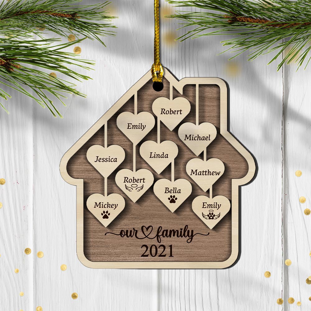 Family Christmas Ornament, Personalized 2021 Wood Xmas Holiday Ornament With Family Member Names, Custom Ornaments