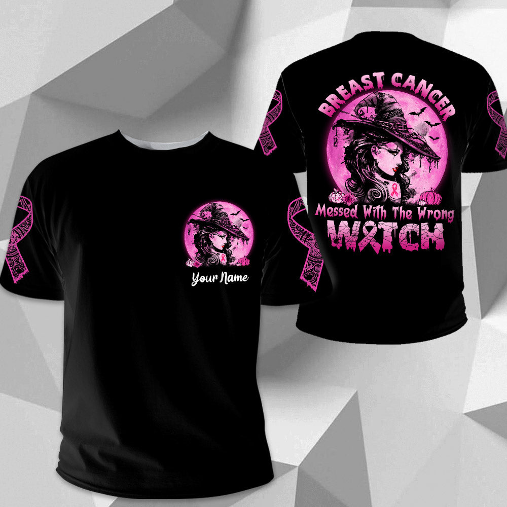 Breast Cancer Messed With The Wrong Witch, All Over Print Shirt For Breast Cancer Awareness, Happy Halloween, Name Can Be Changed