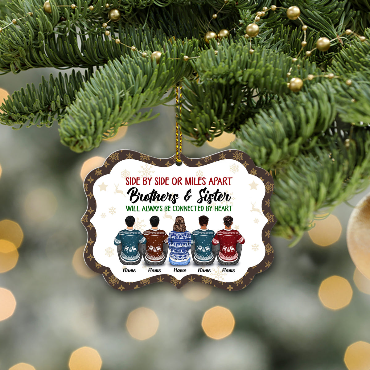 Sisters And Brothers Connected By Heart, Snow Pattern Version, Personalized Aluminum Ornament