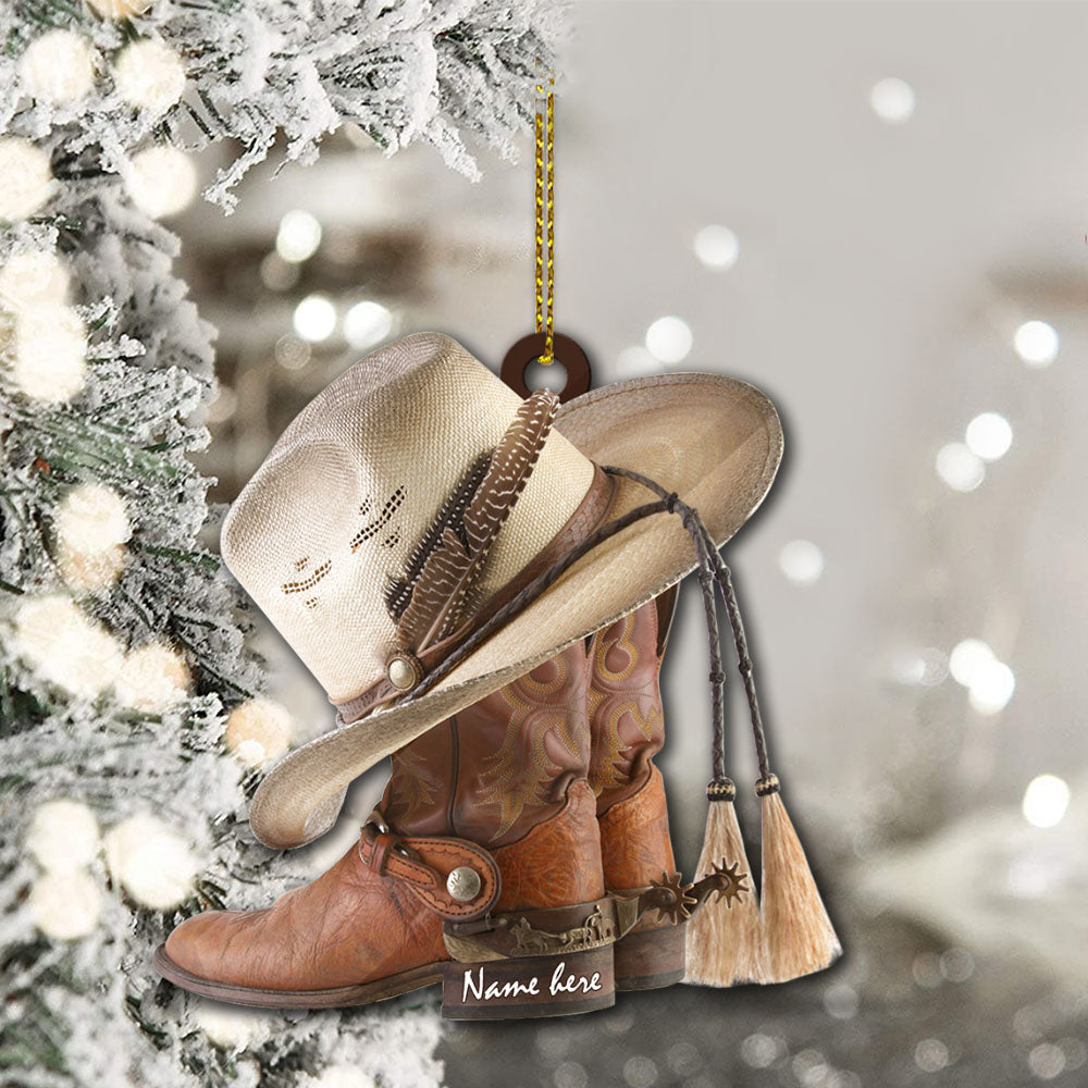 Cowboy Boots and Hat, Personalized Acrylic Ornament Ver2 Printed Two Sides With The Same Design For Cowboy, Name can be changed
