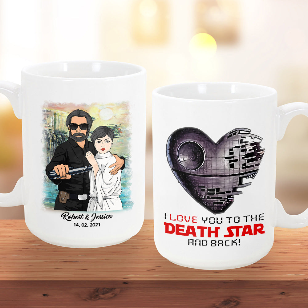 I Love You To The Death Star And Back, Personalized Mug For Couples, Name, Date & Character Can Be Changed