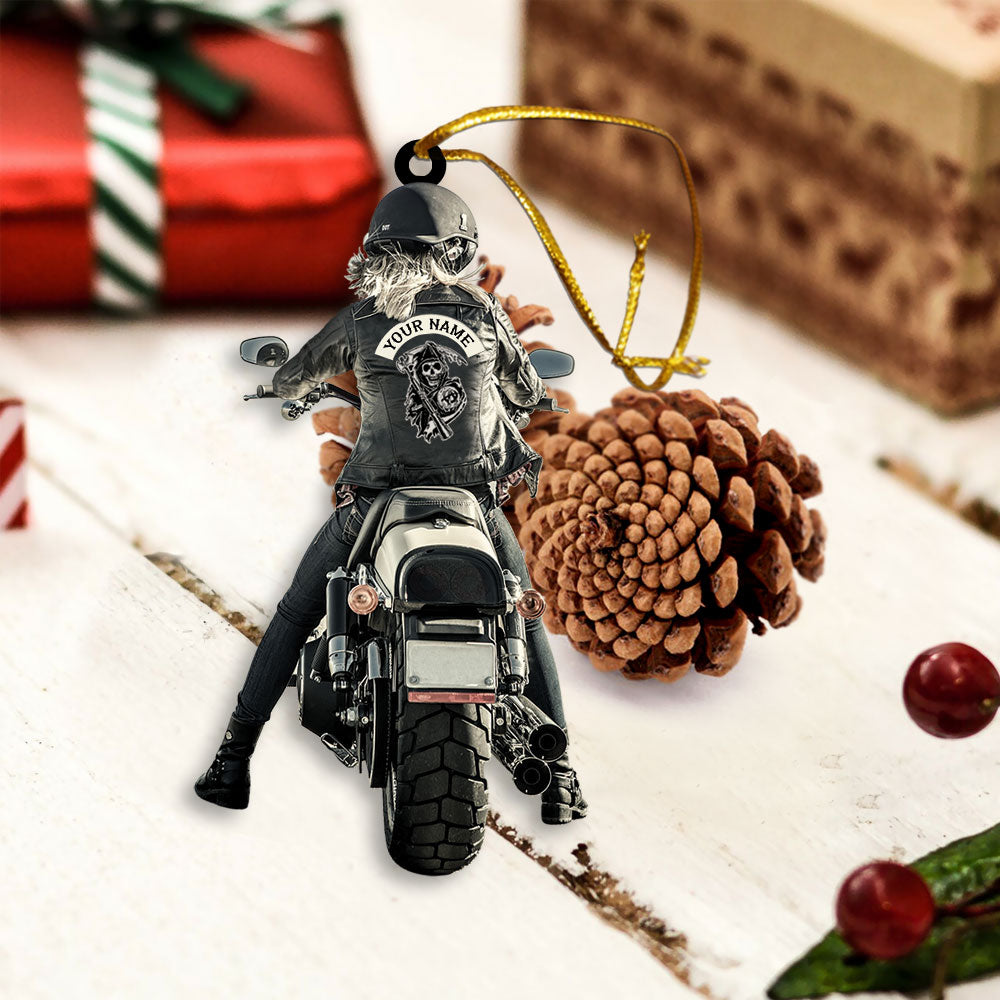 Lady Biker Back View Personalized Shape Acrylic Ornament 2 Sides Print, Made By Acrylic And The 2 Sides Are The Same