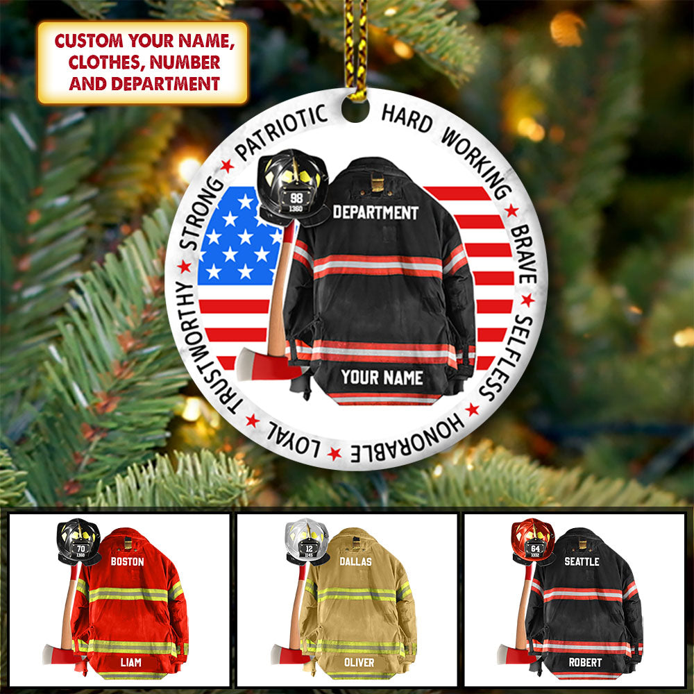 Strong Patriotic Hard Working Brave Selfless Honorable Loyal Trustworthy Inspiring Clothes And Helmet Personalized Circle Ornament