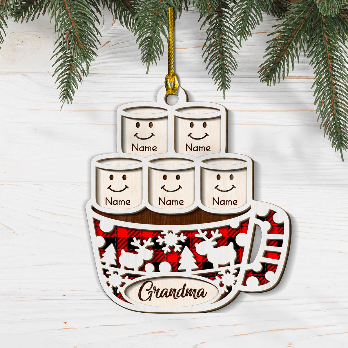 Hot Cocoa Marshmallows Christmas Personalized 2 Layer Wood Ornament For Grandma, HN98