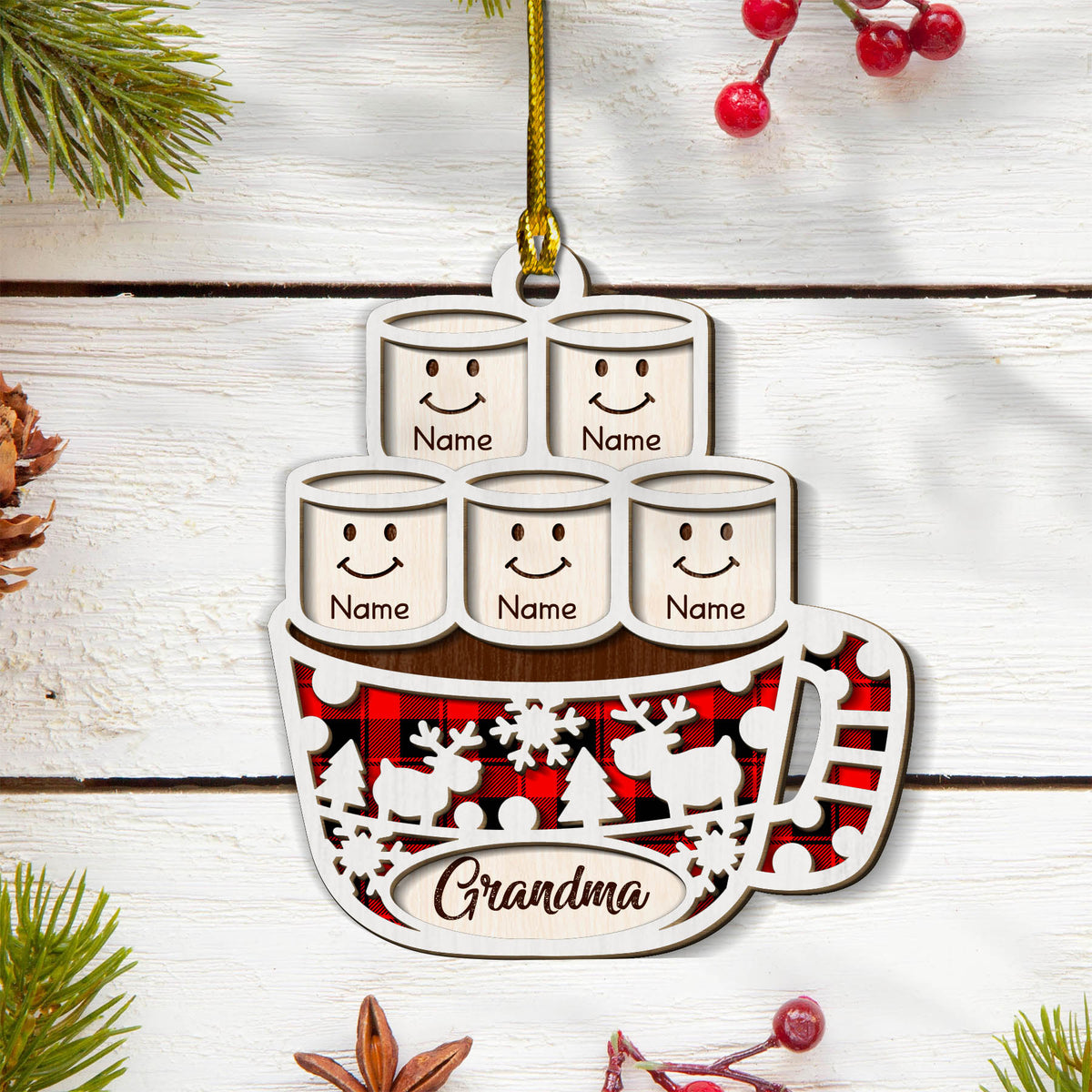 Hot Cocoa Marshmallows Christmas Personalized 2 Layer Wood Ornament For Grandma, HN98